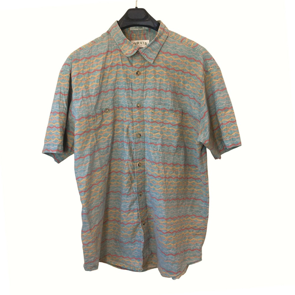 Orvis Mens XL Button Down Shirt Blue Orange Short Sleeve Zig Zag Cotton 14081